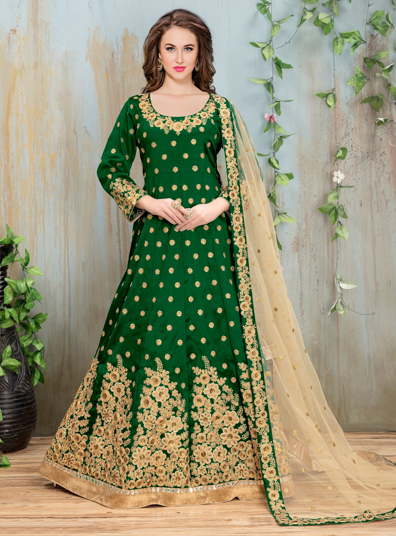 Green Silk Floor Length Anarkali Suit 119251