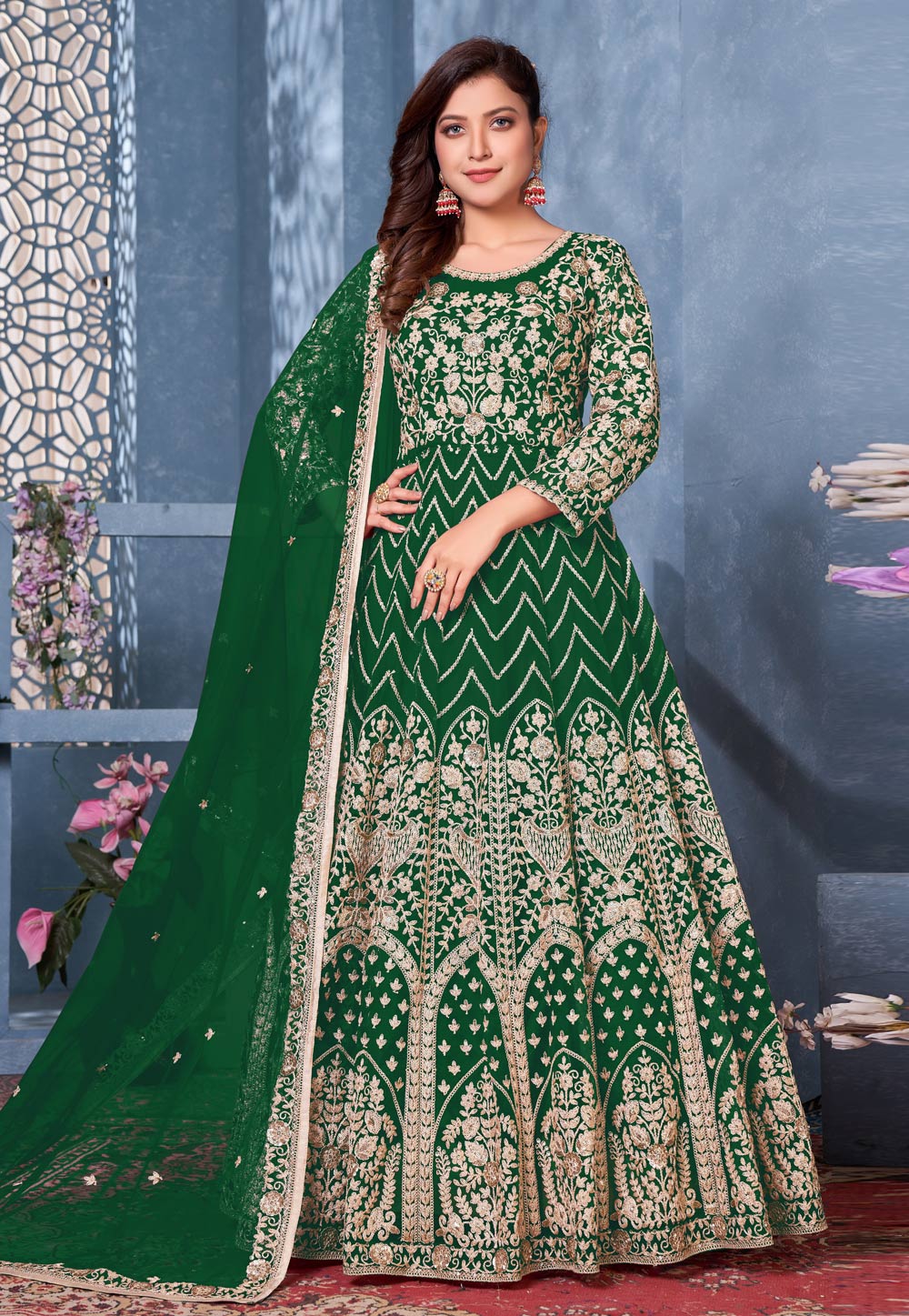 Green Net Abaya Style Anarkali Suit 241529