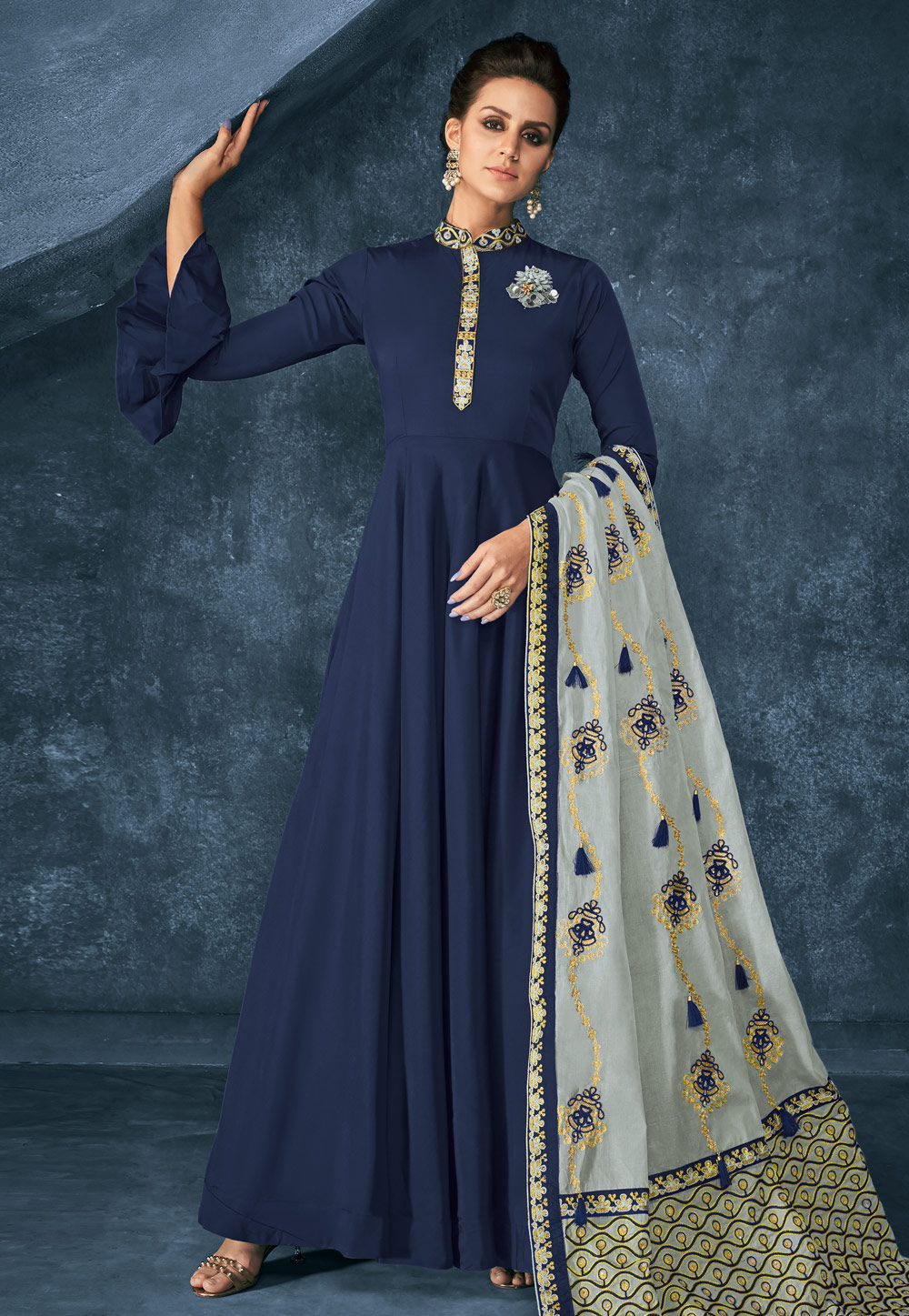 Navy Blue Silk Readymade Ankle Length Anarkali Suit 167218