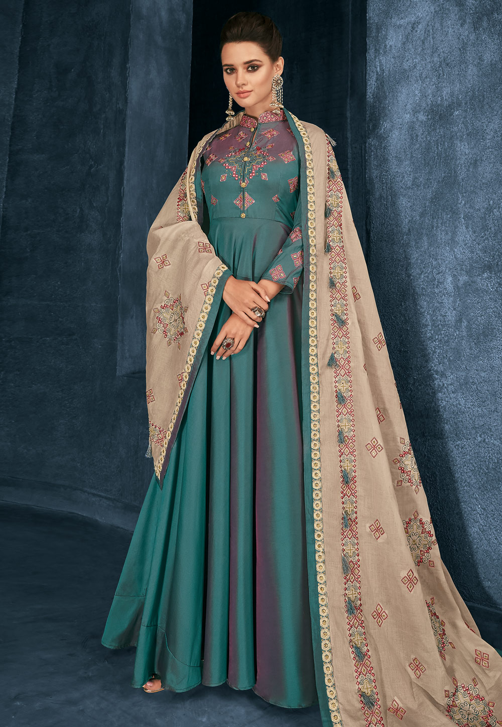 Teal Green Silk Readymade Ankle Length Anarkali Suit 167219