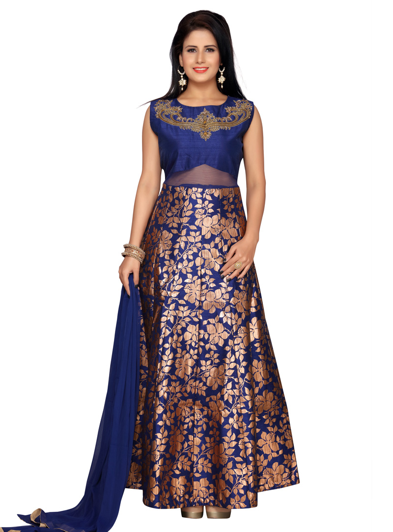 Navy Blue Silk Readymade Anarkali Suit 138735