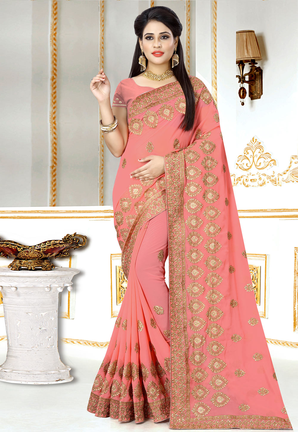Light Pink Georgette Saree With Blouse 156979