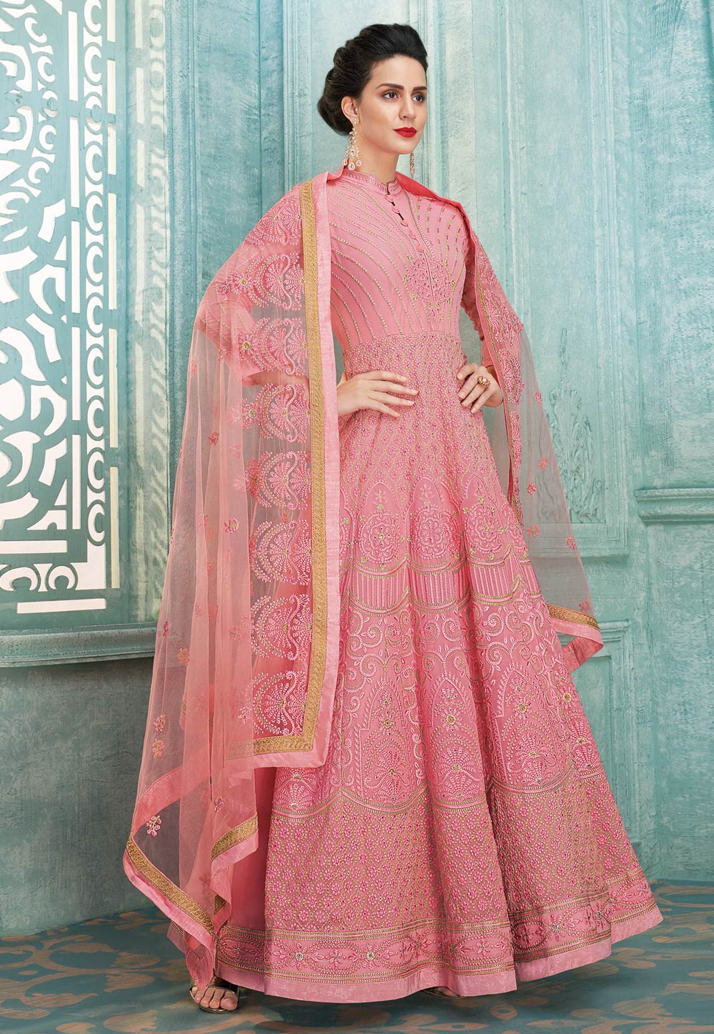 Pink Faux Georgette Embroidered Abaya Style Anarkali Suit 181902