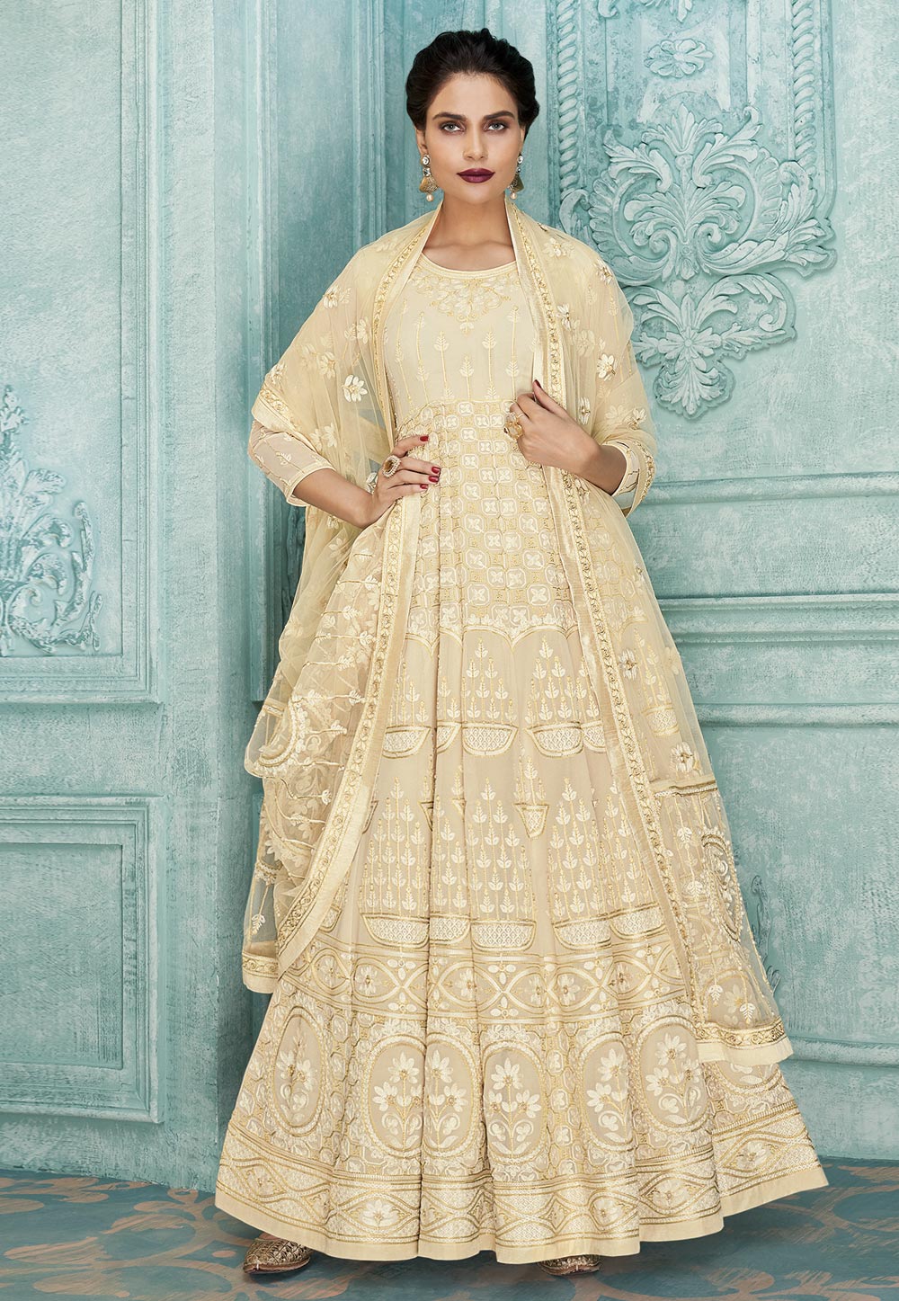 Beige Faux Georgette Embroidered Ankle Length Anarkali Suit 181903