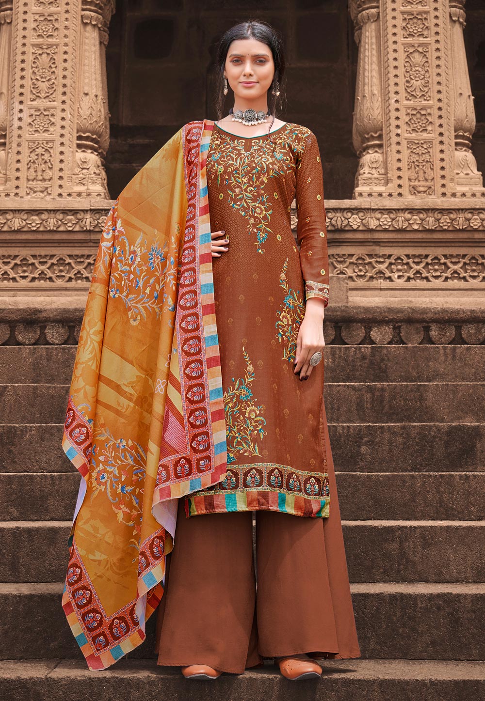 Brown Pashmina Embroidered Palazzo Suit 244688