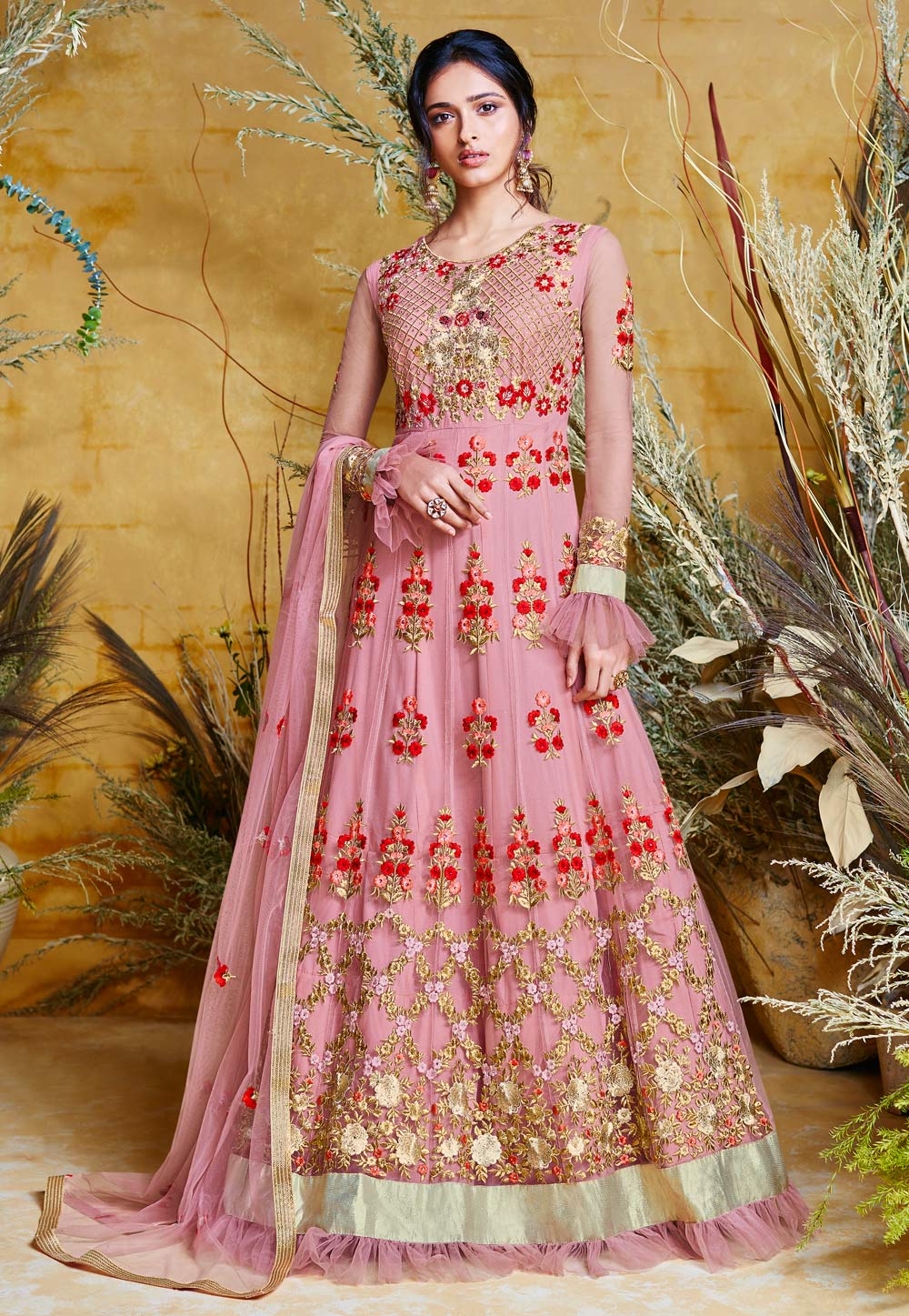 Pink Net Embroidered Readymade Floor Length Anarkali Suit 183809