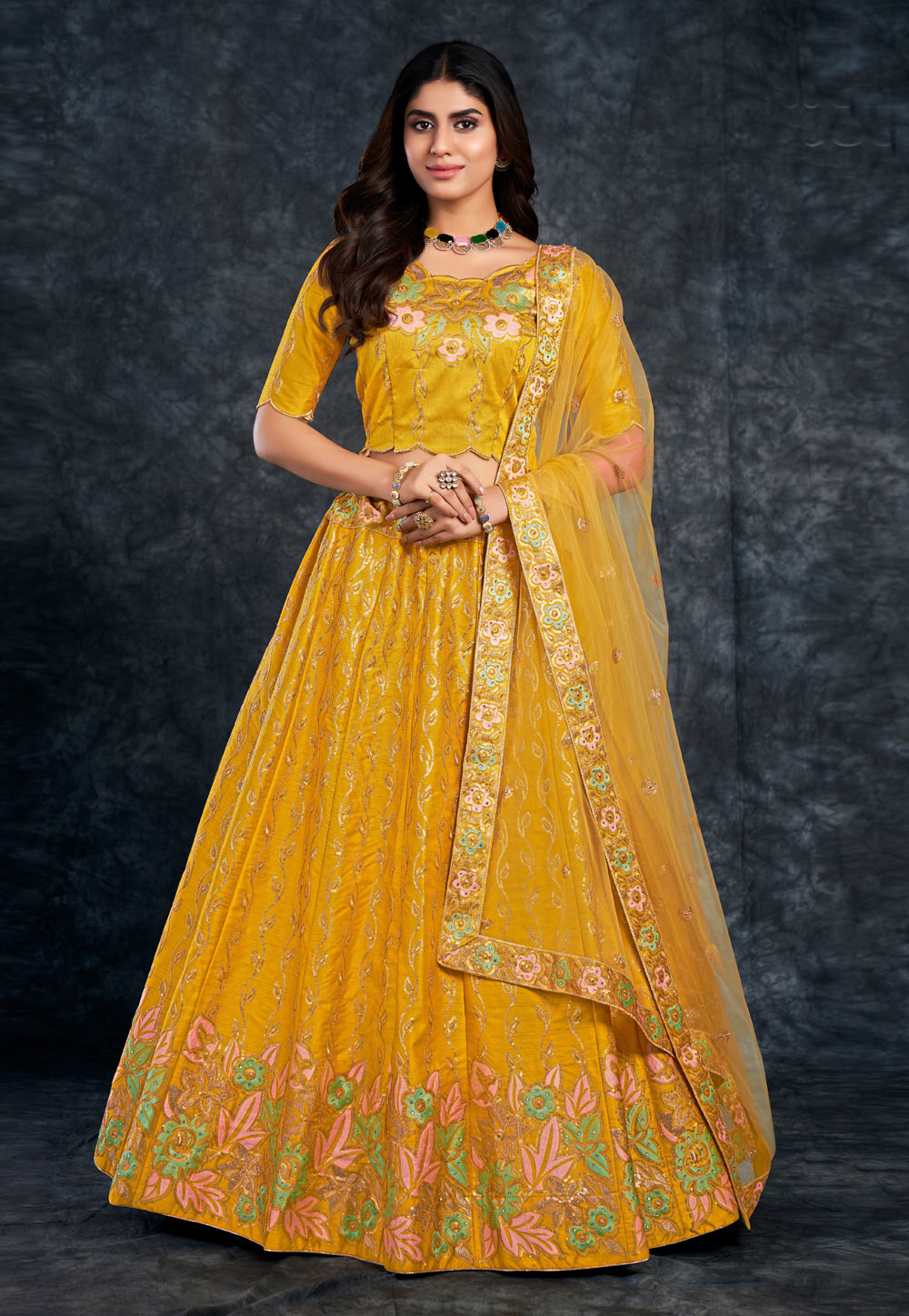 Yellow Satin Silk Handloom Banarasi Lehenga - Sacred Weaves