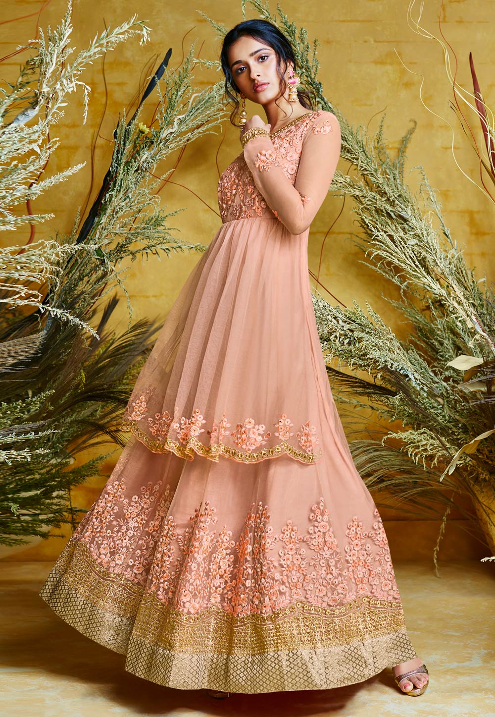 Pink Net Embroidered Readymade Ankle Length Anarkali Suit 183811