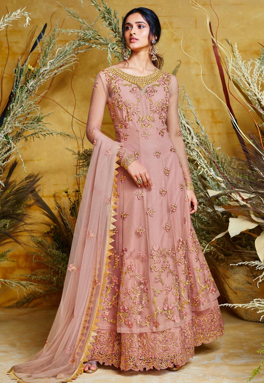 Pink Net Embroidered Readymade Abaya Style Anarkali Suit 183813