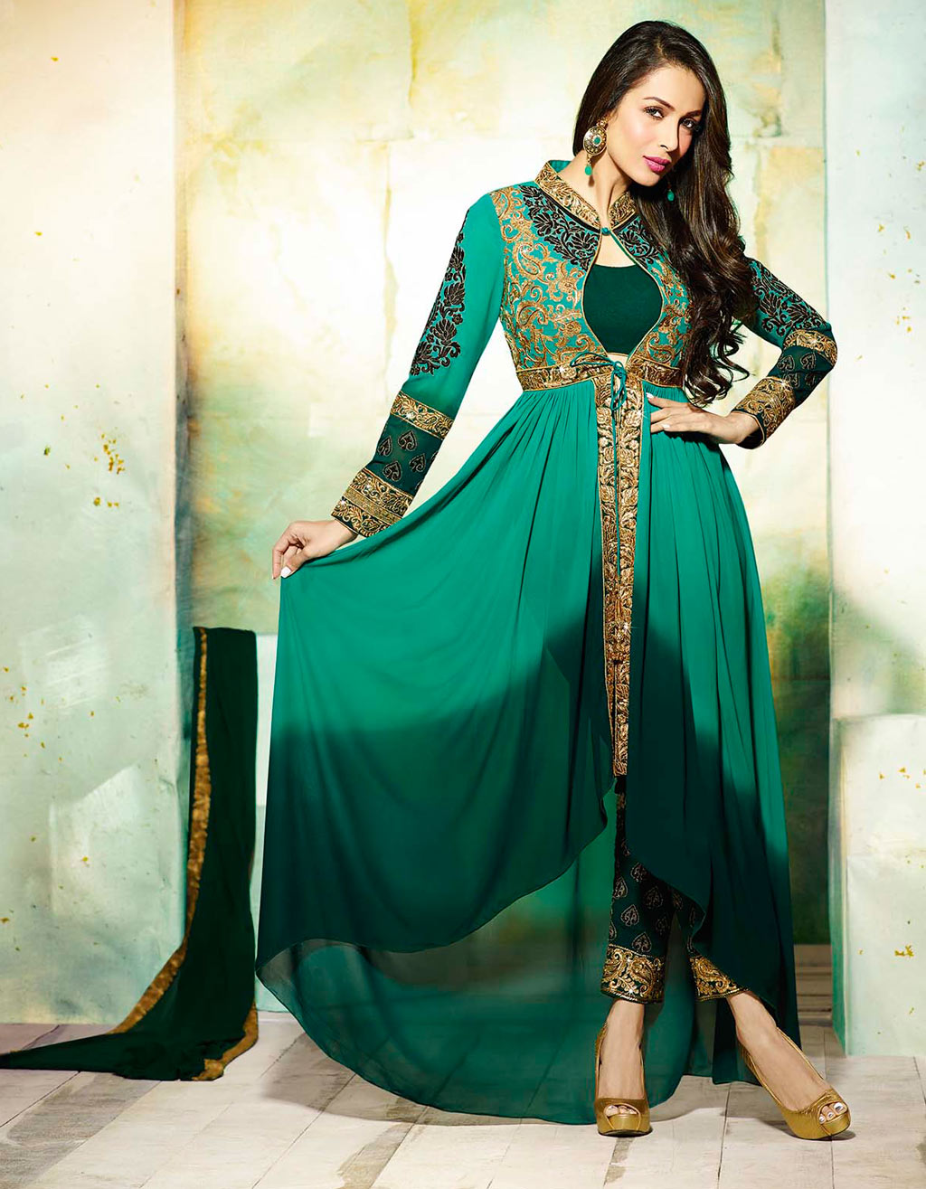 Malaika Arora Khan Green Georgette Designer Anarkali Suit 59255