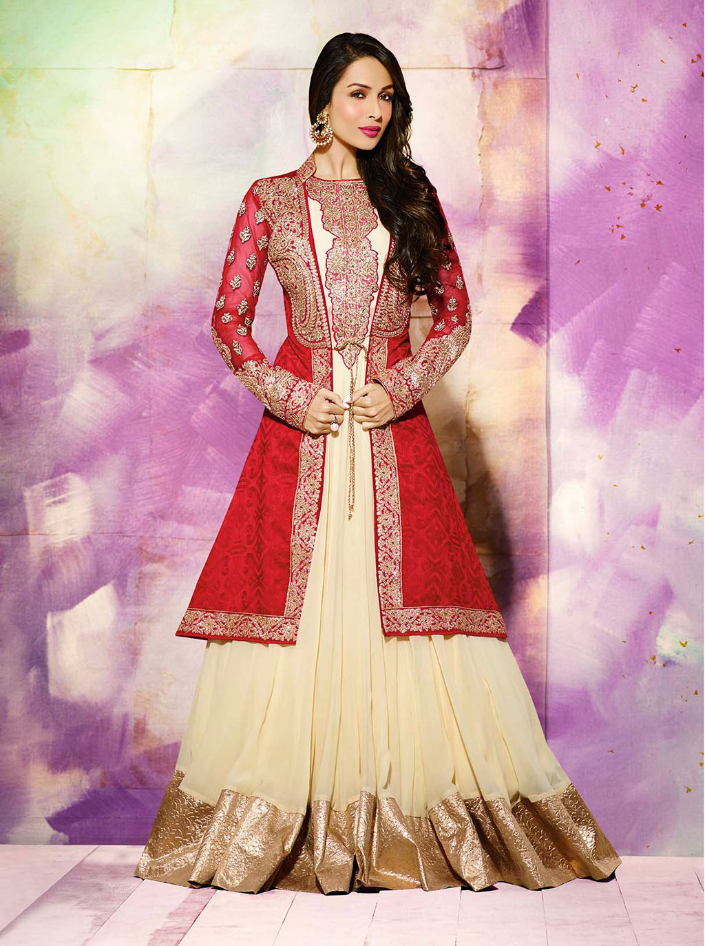 Malaika Arora Khan Beige Georgette Anarkali Suit With Jacket 59256