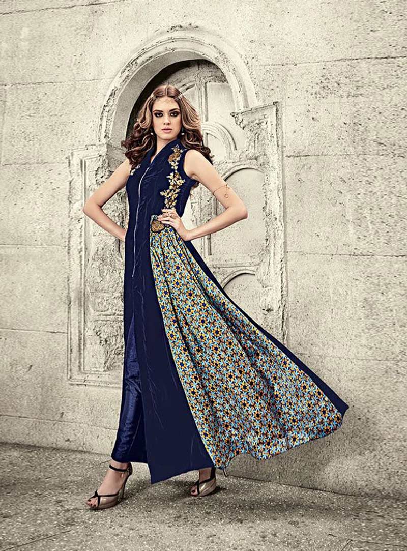 Blue Velvet Designer Anarkali Suit 78693