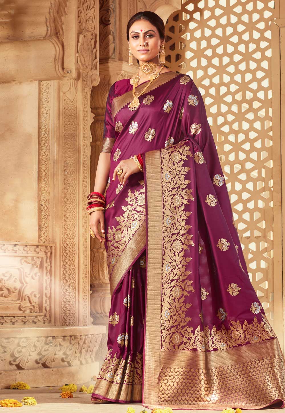 Purple Banarasi Silk Saree With Blouse 227352