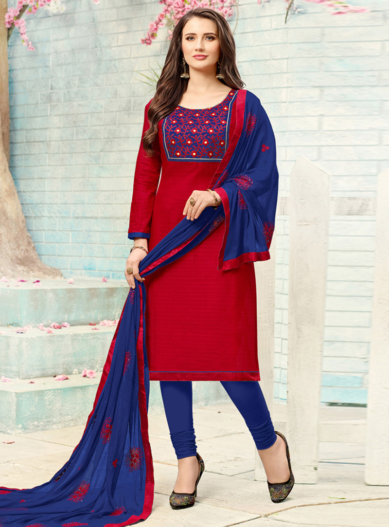 Red Cotton Churidar Salwar Kameez 138759