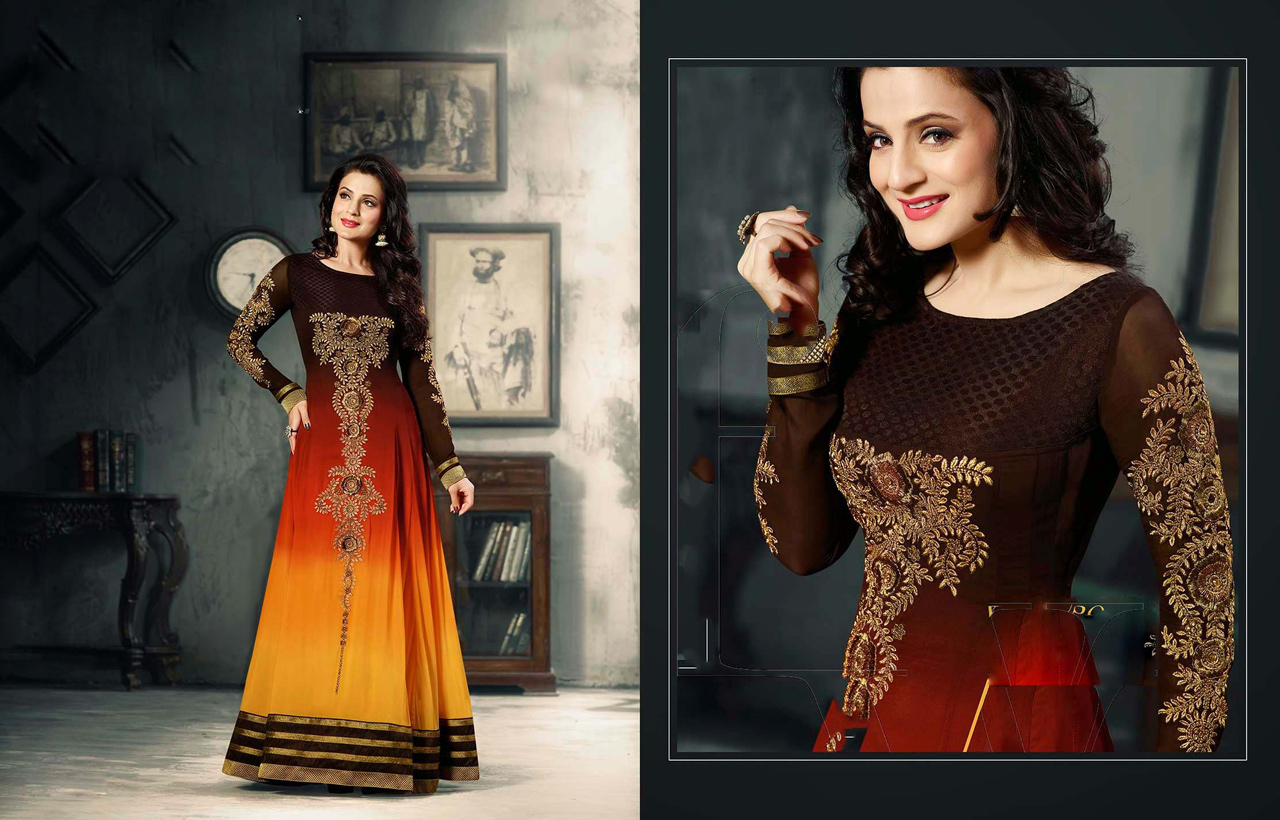 Ameesha Patel Brown and Orange Butta Work Bollywood Suit 39322