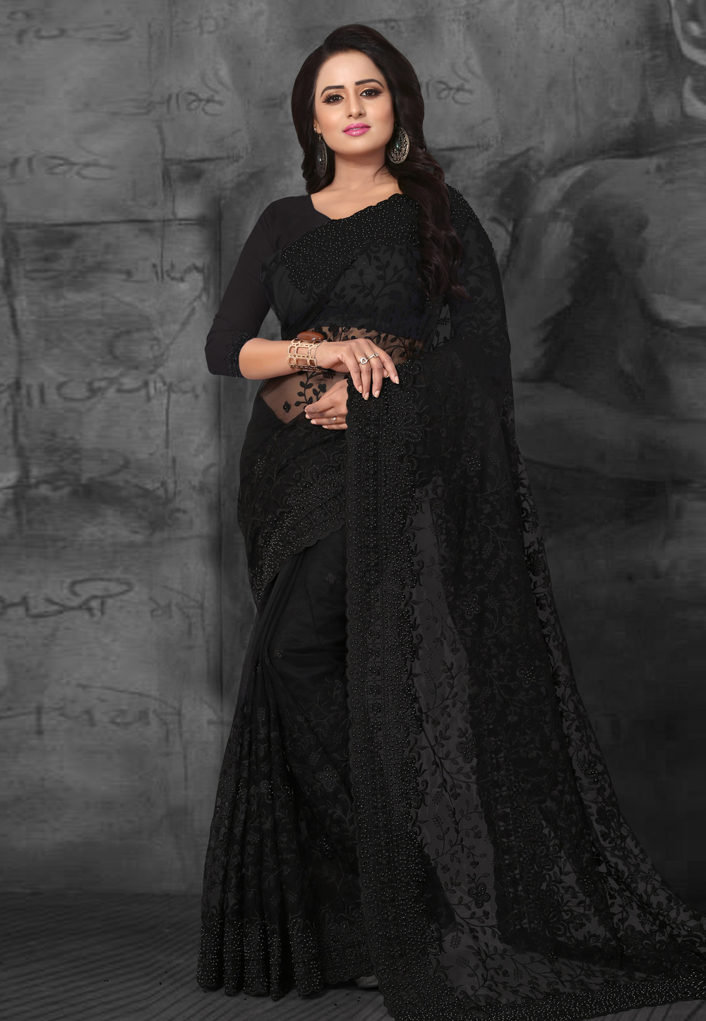 Black Net Embroidered Saree With Blouse 169472