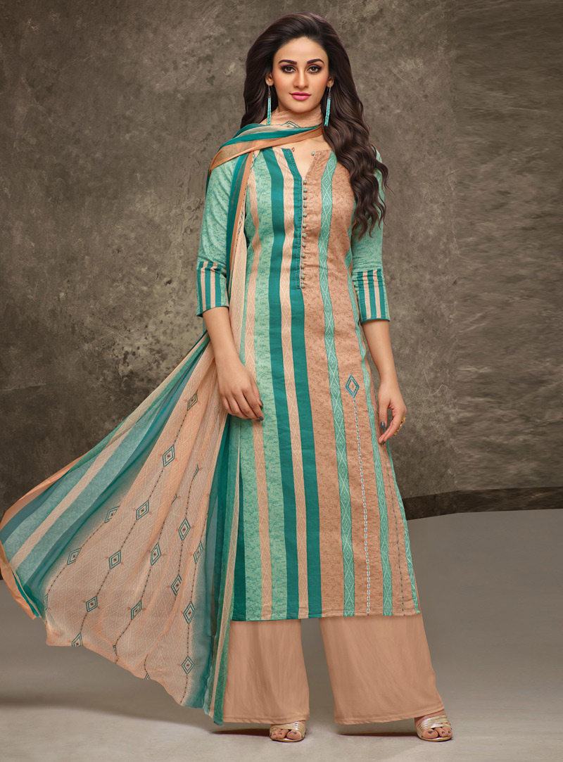 Peach Cotton Palazzo Style Suit 138633