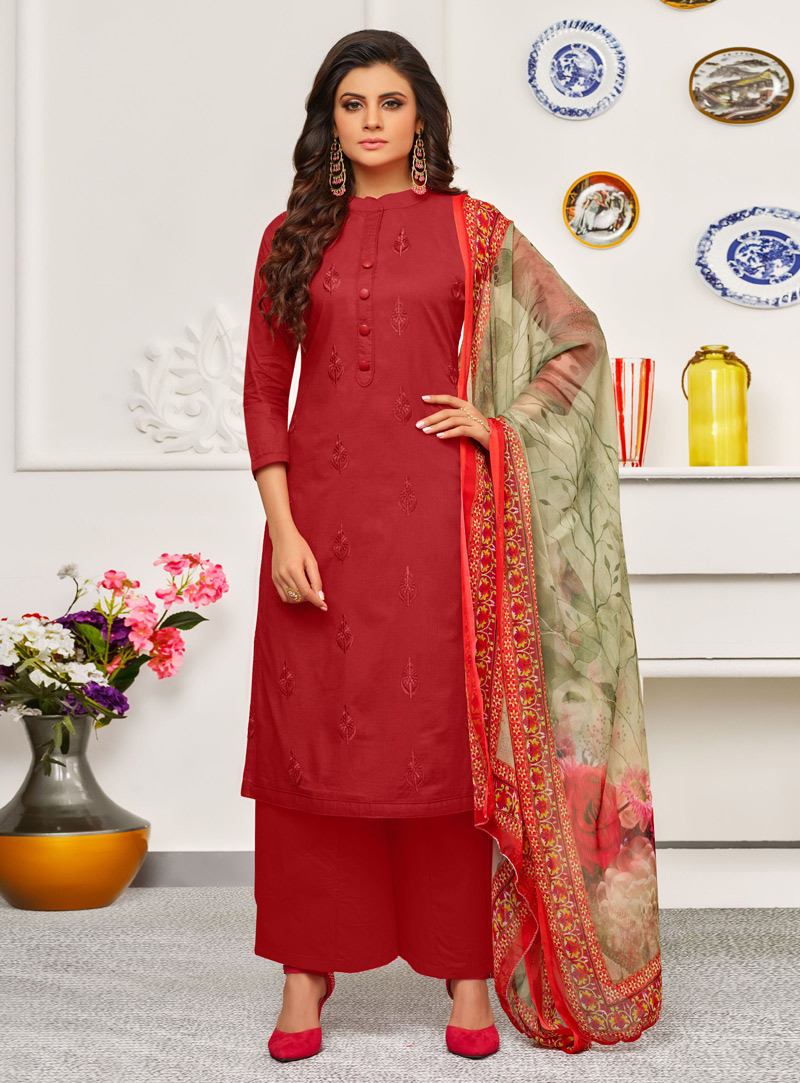 Red Cambric Cotton Pakistani Style Suit 138782