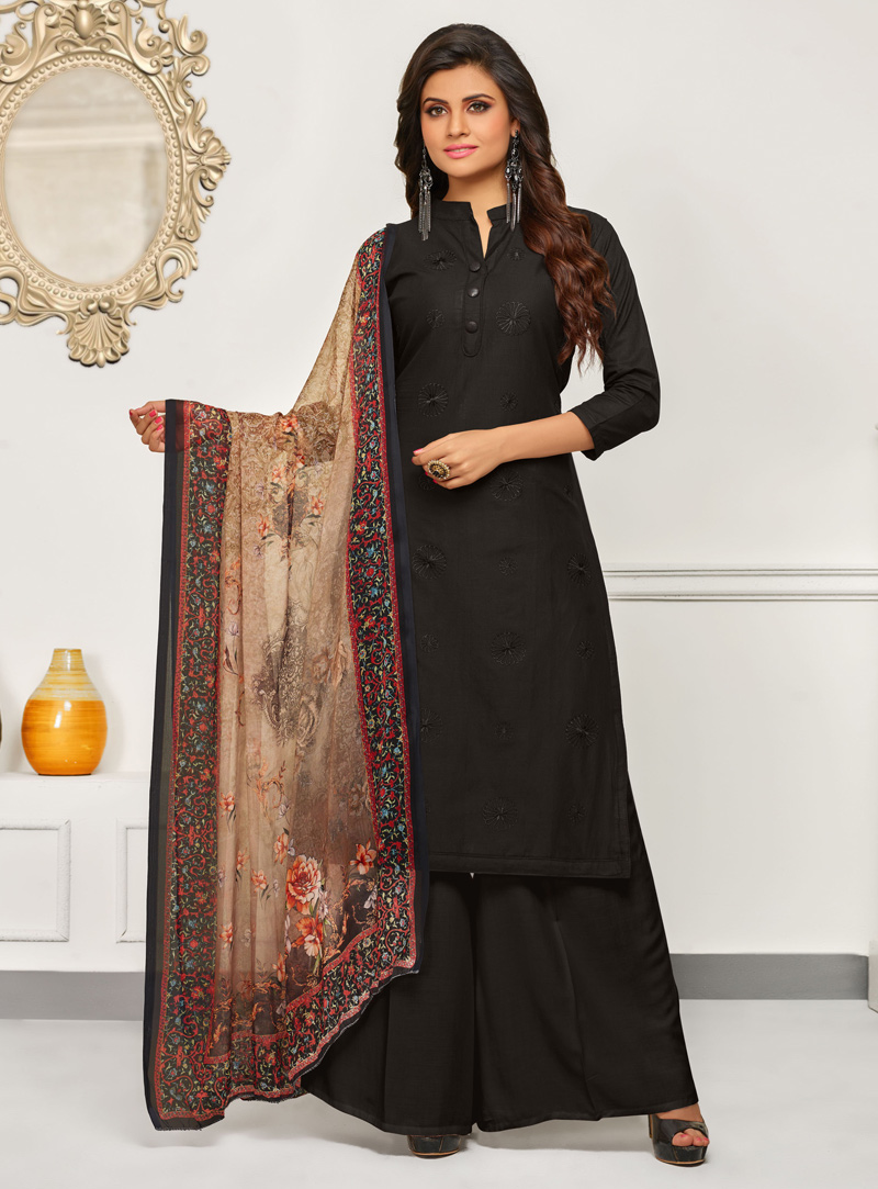 Black Cambric Cotton Palazzo Style Suit 138783
