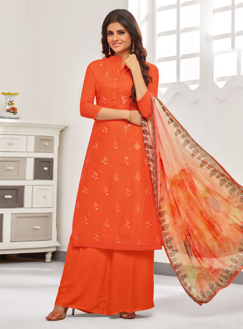 Orange Cambric Cotton Pakistani Style Suit 138786