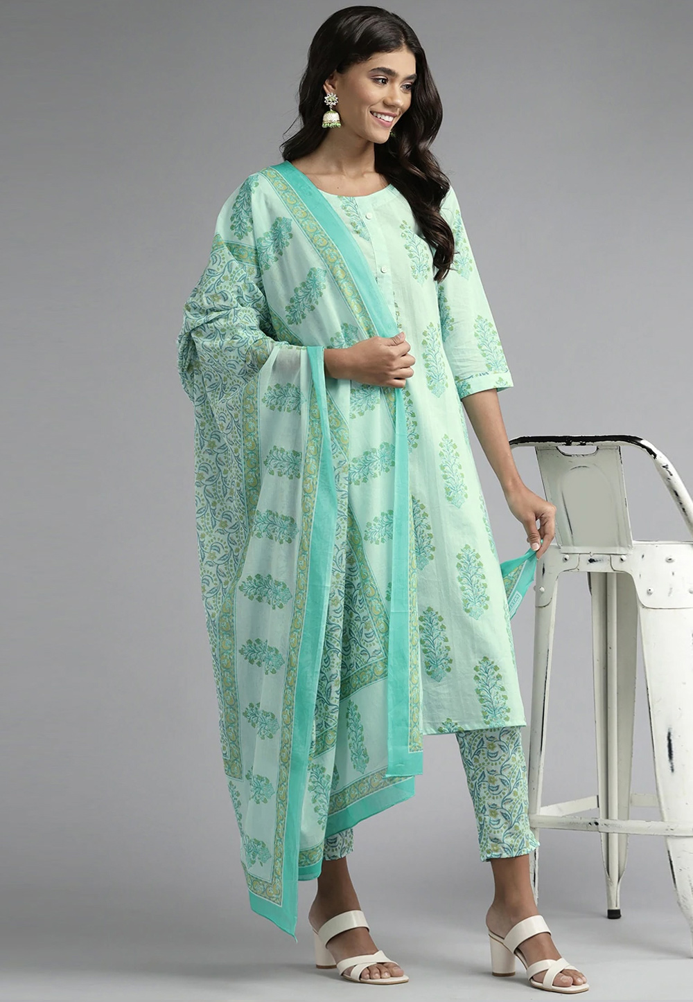 Sea Green Cotton Readymade Kameez With Pant 244998