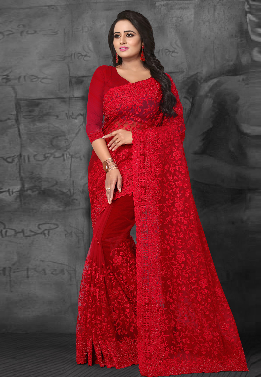 Red Net Embroidered Festival Wear Saree 169473