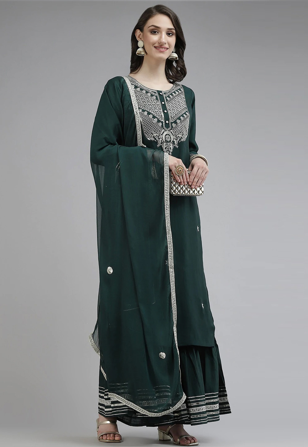 Green Poly Silk Readymade Palazzo Suit 245003