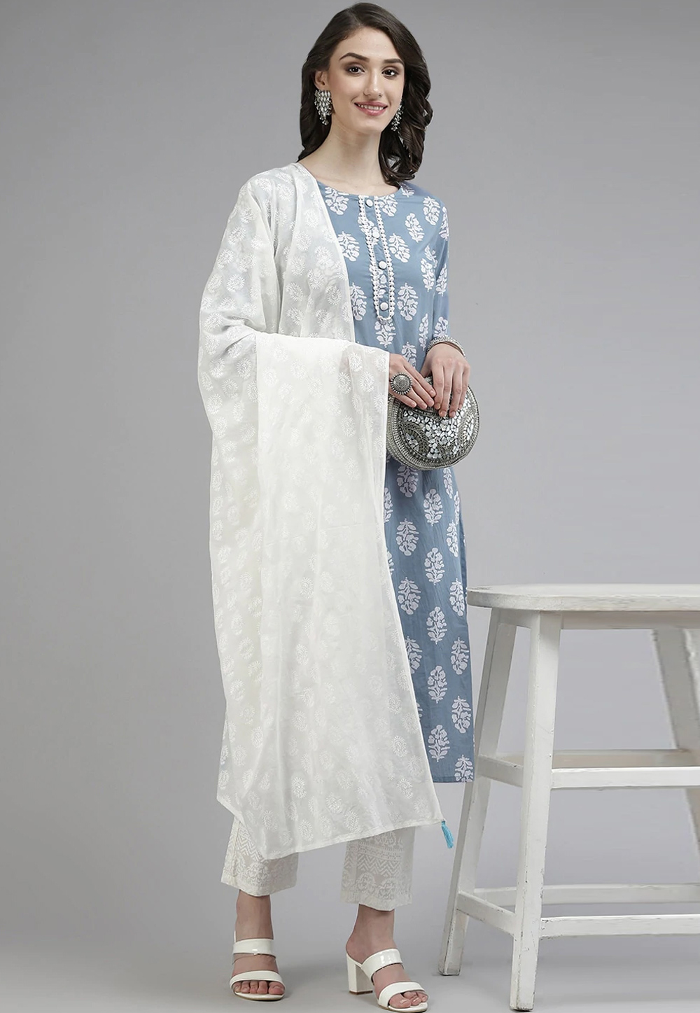 Blue Cotton Readymade Kameez With Pant 245006