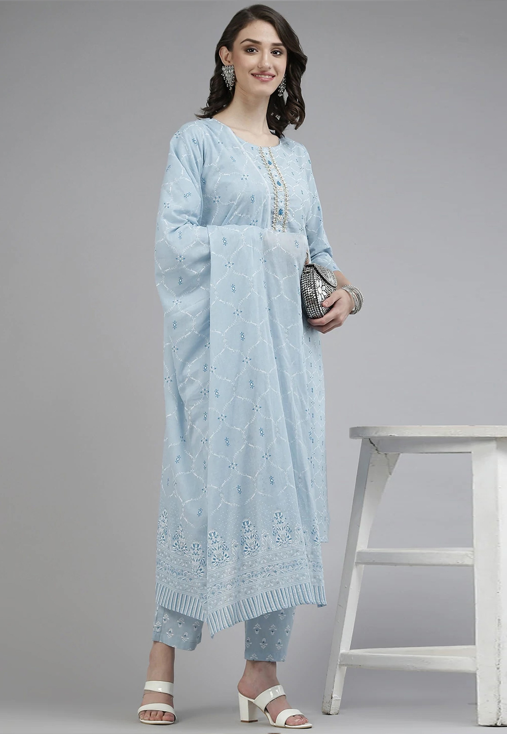 Sky Blue Cotton Readymade Pant Style Suit 245007