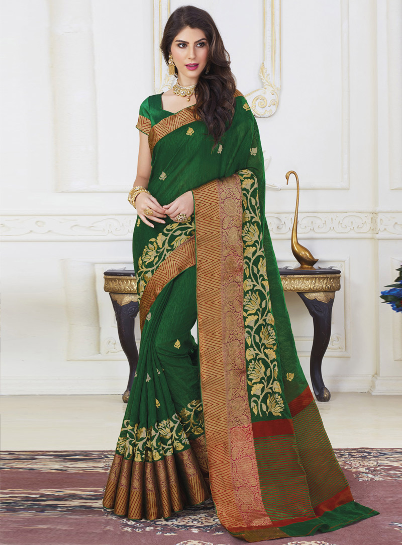 Green Jute Silk Festival Wear Saree 138664