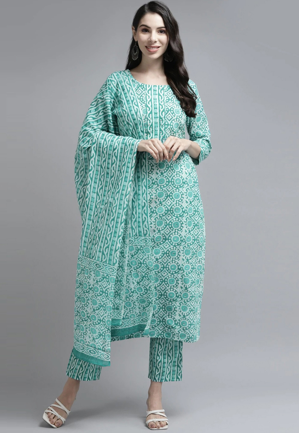 Sea Green Cotton Readymade Kameez With Pant 245008