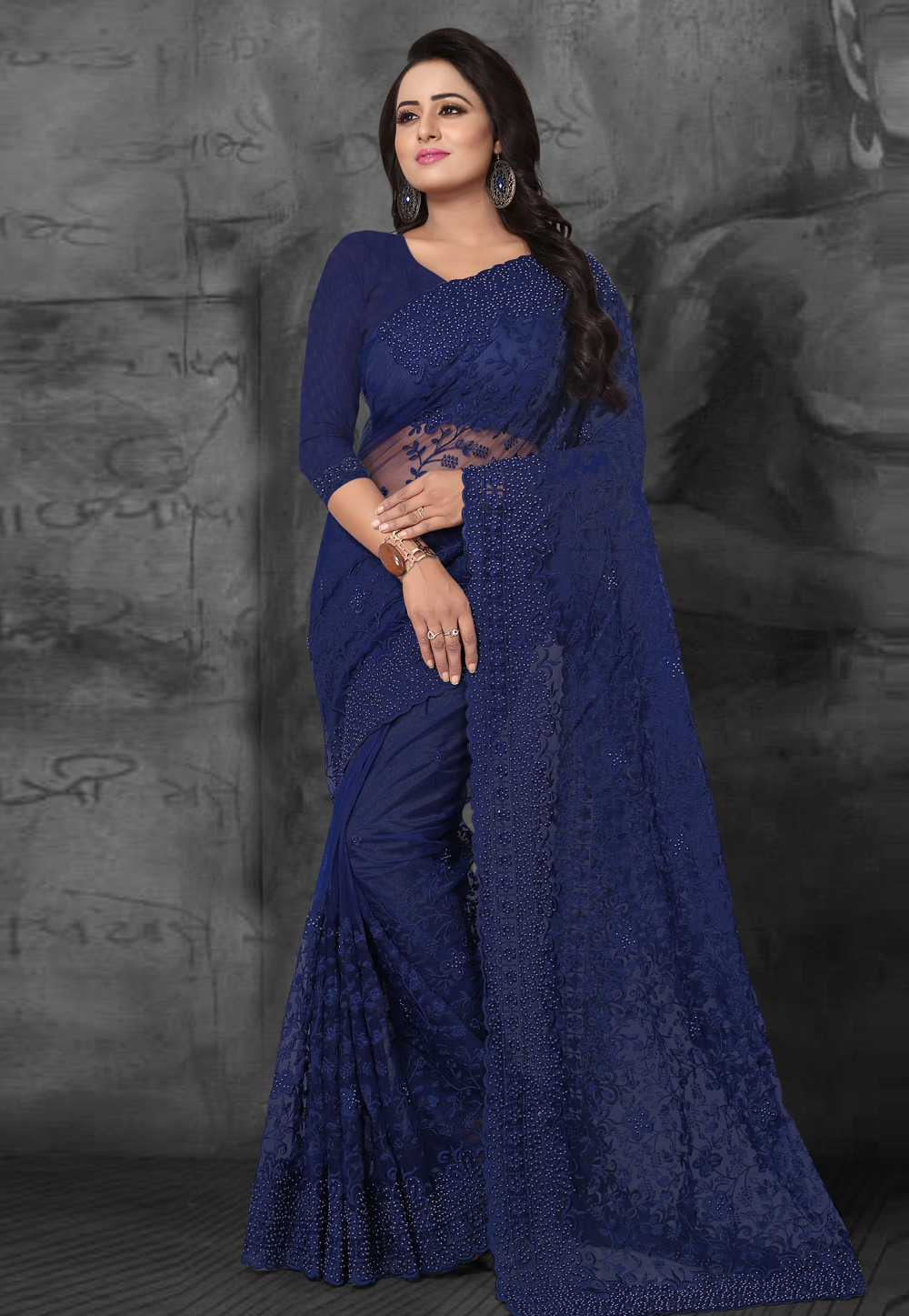 Blue Net Embroidered Festival Wear Saree 169475