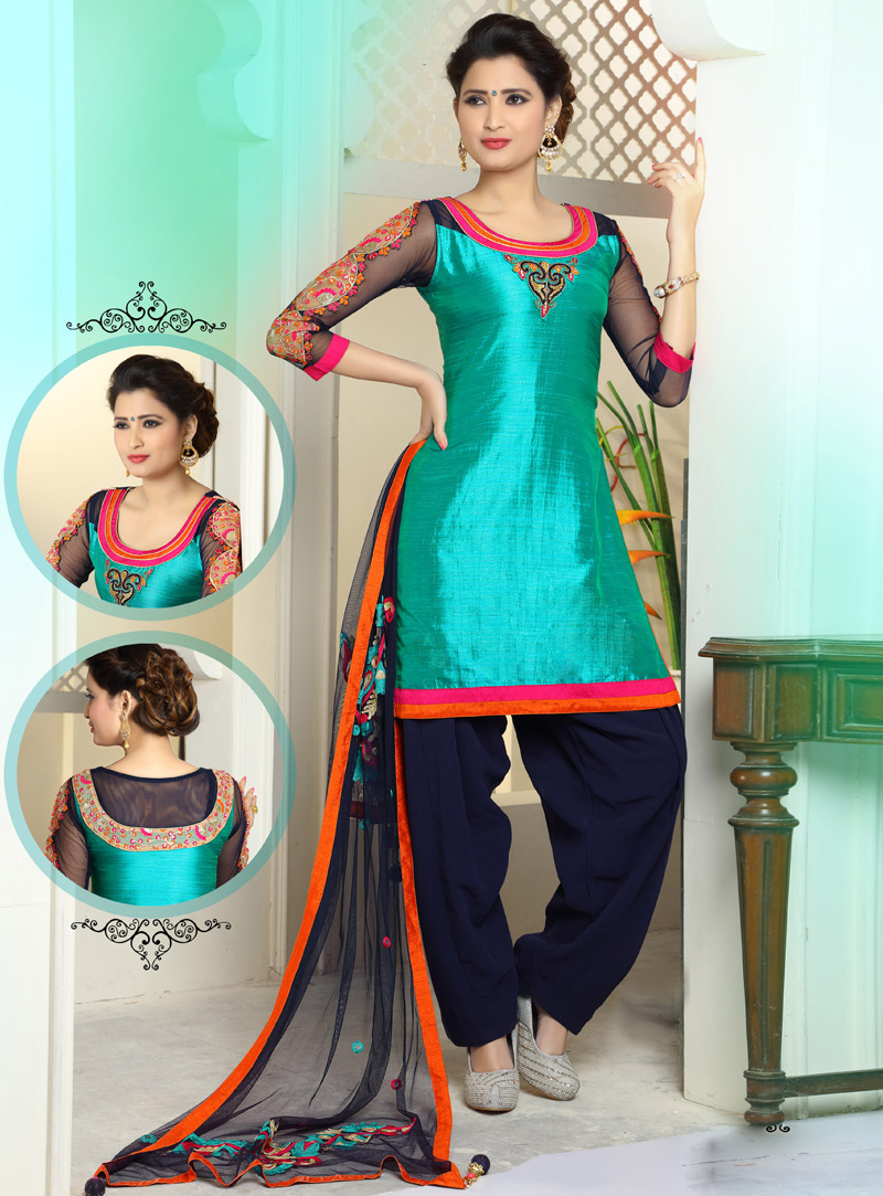Turquoise Banarasi Readymade Patiala Suit 93285