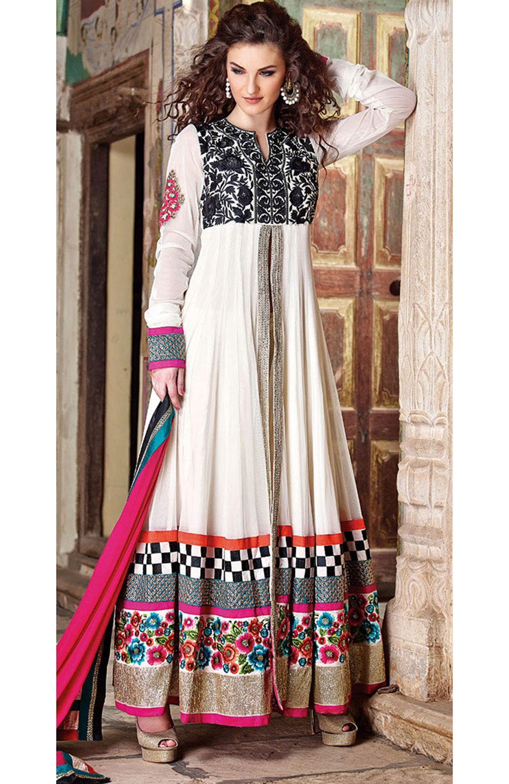 Off White Net Embroidered Ankle Length Anarkali Suit 40239