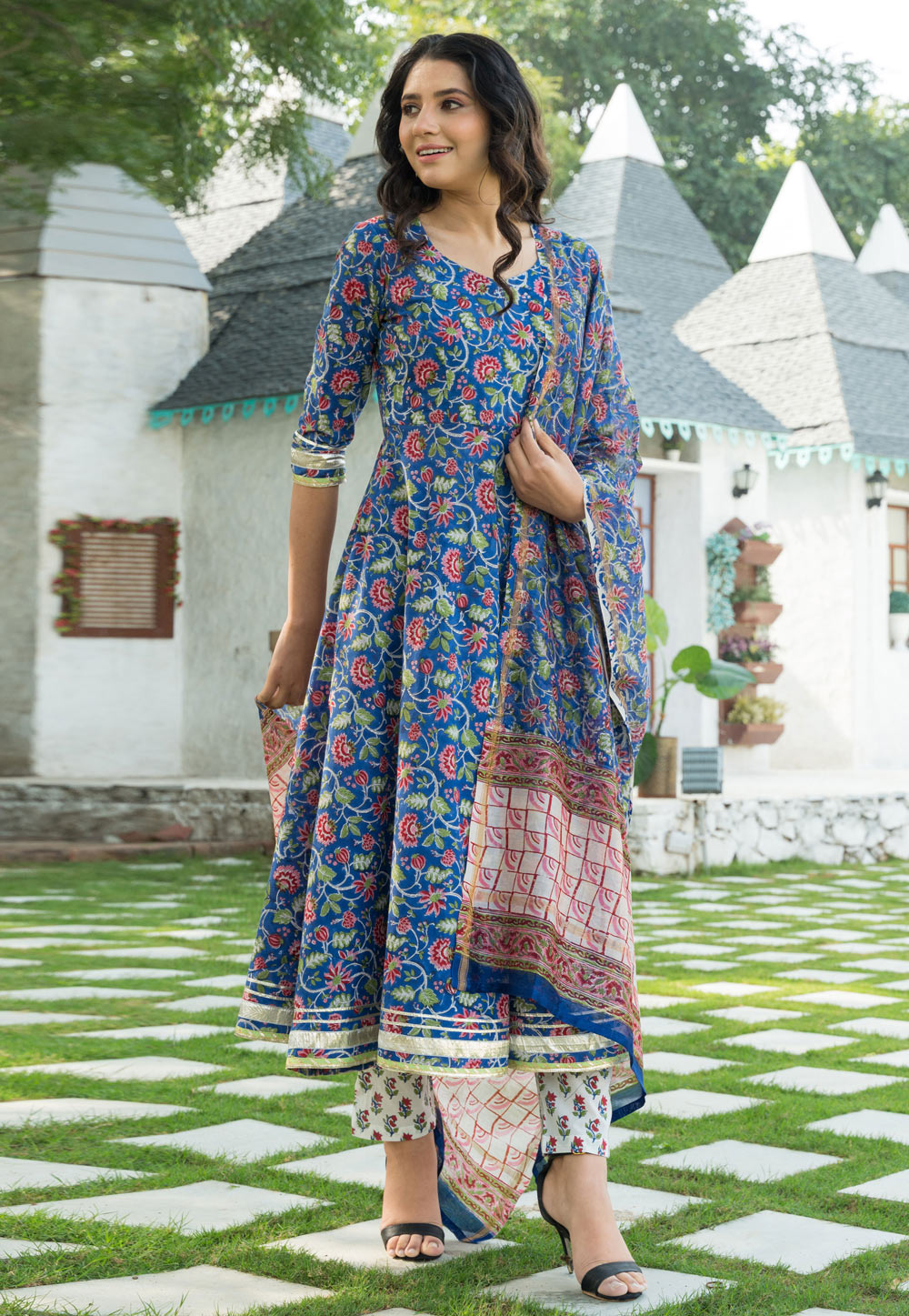 Blue Cotton Readymade Kameez With Pant 245490