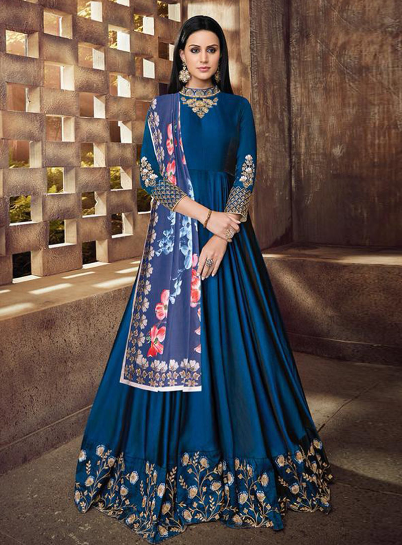 Blue Taffeta Readymade Floor Length Anarkali Suit 148256
