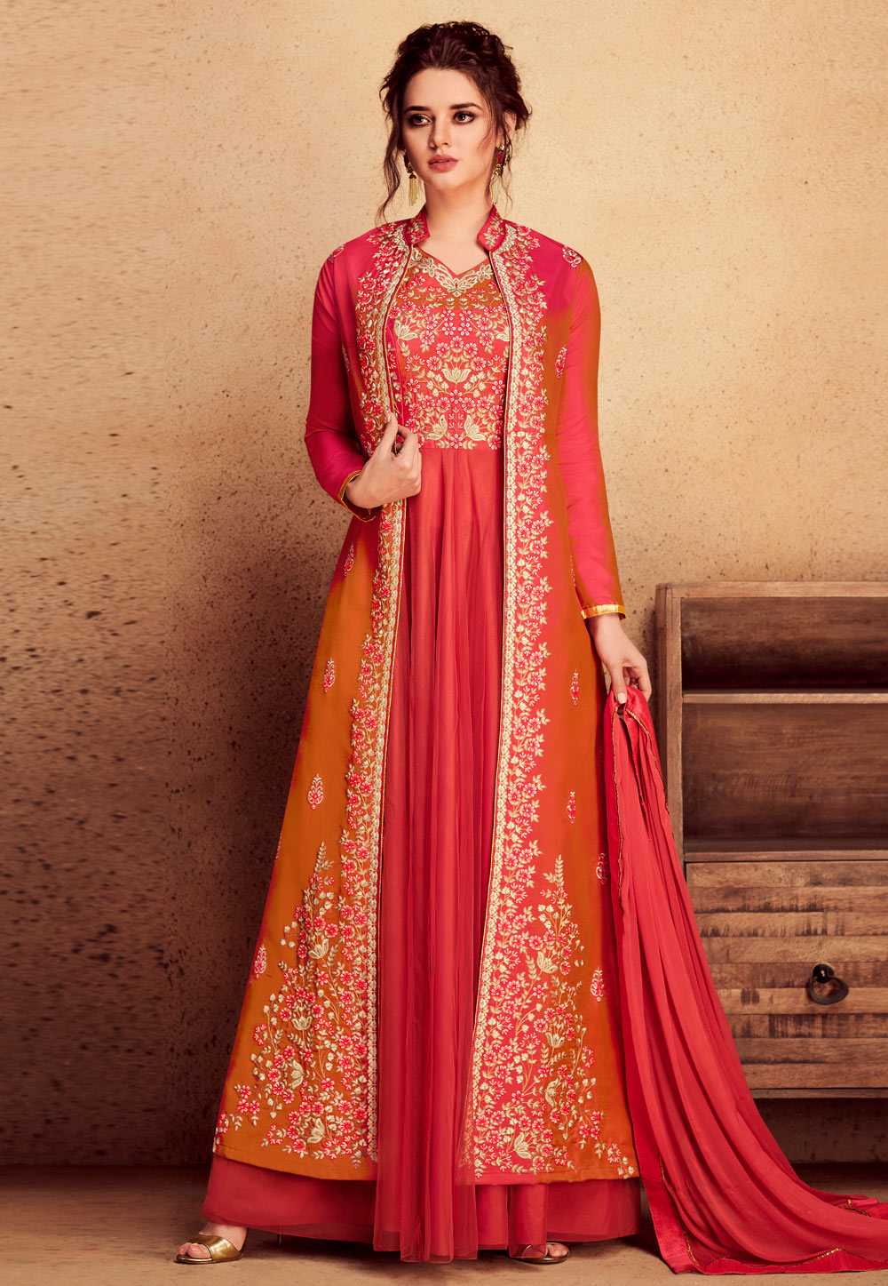 Pink Silk Long Anarkali Suit With Jacket 163336