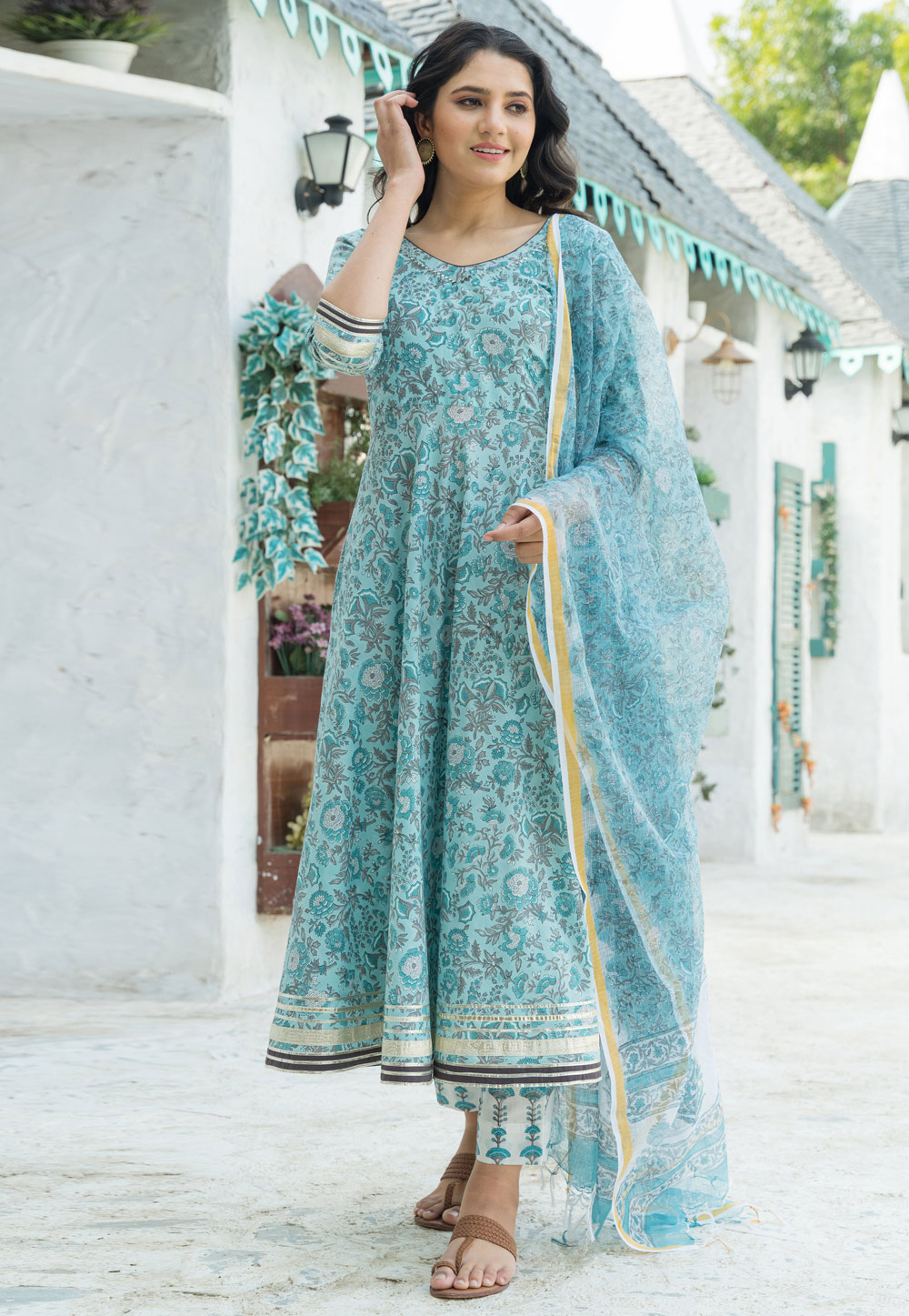 Sky Blue Cotton Readymade Pant Style Suit 245492