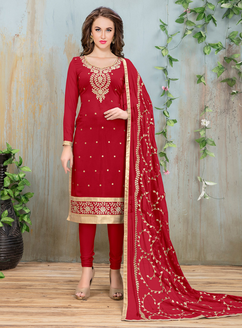 Red Faux Georgette Kameez With Churidar 115450