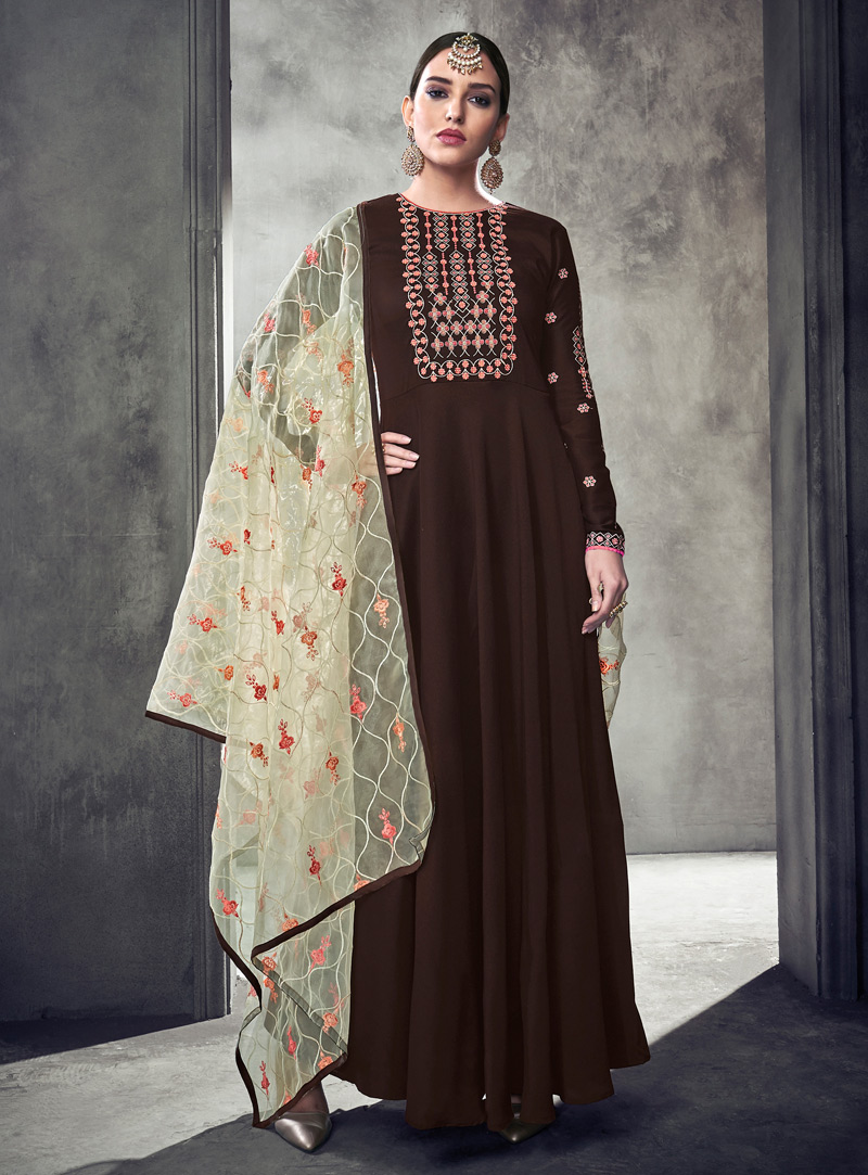 Brown Cotton Abaya Style Anarkali Suit 155018