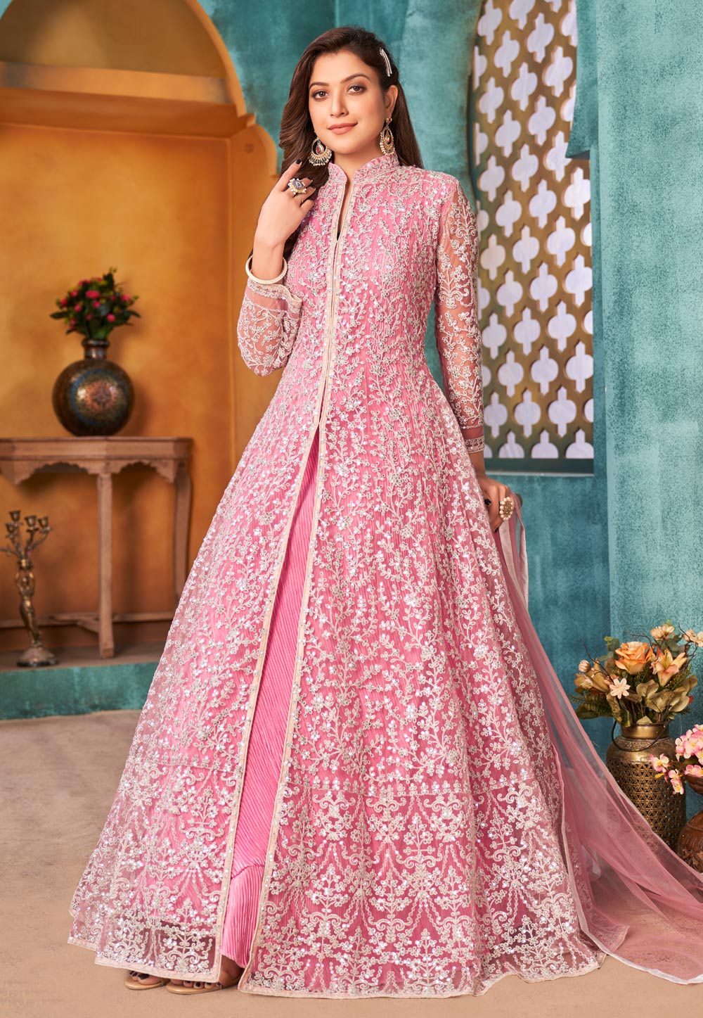 Buy Georgette Jacket Style Anarkali Suit in Cream and Maroon Online :  211397 - Salwar Kameez