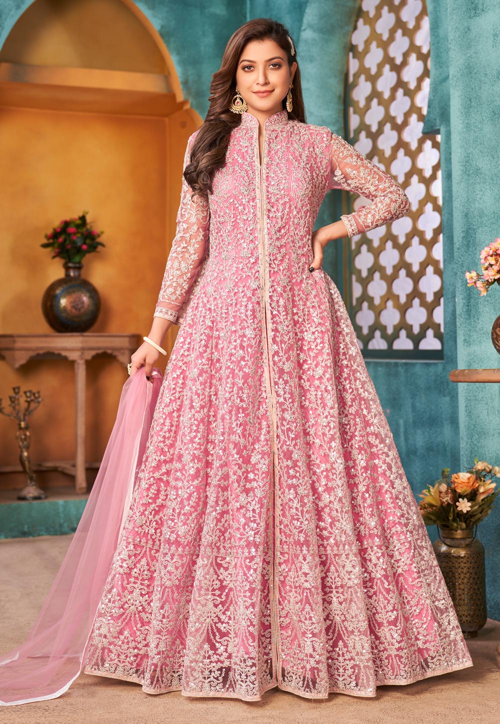 Pink Net Abaya Style Anarkali Suit 242988