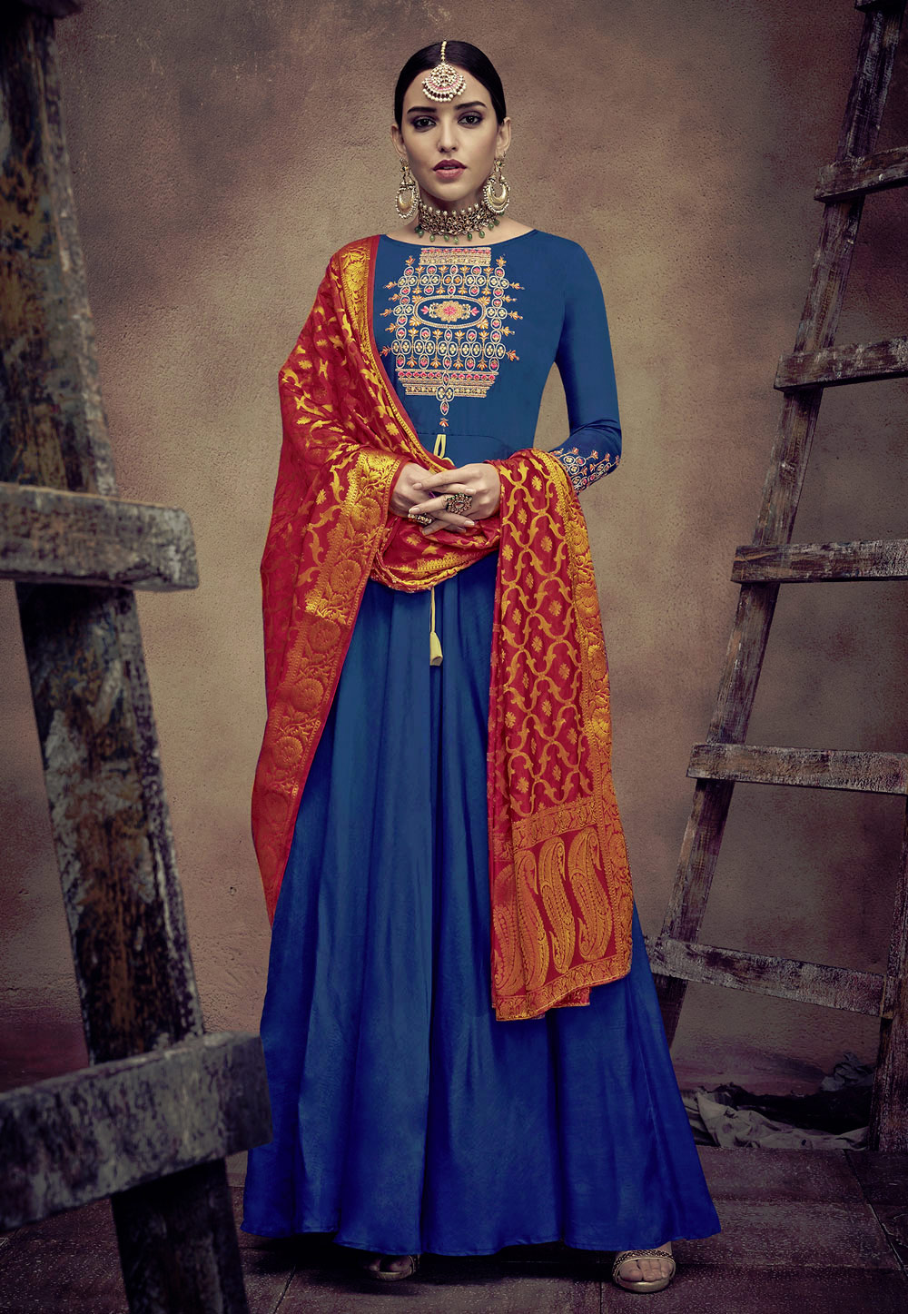 Blue Rayon Readymade Ankle Length Anarkali Suit 163597