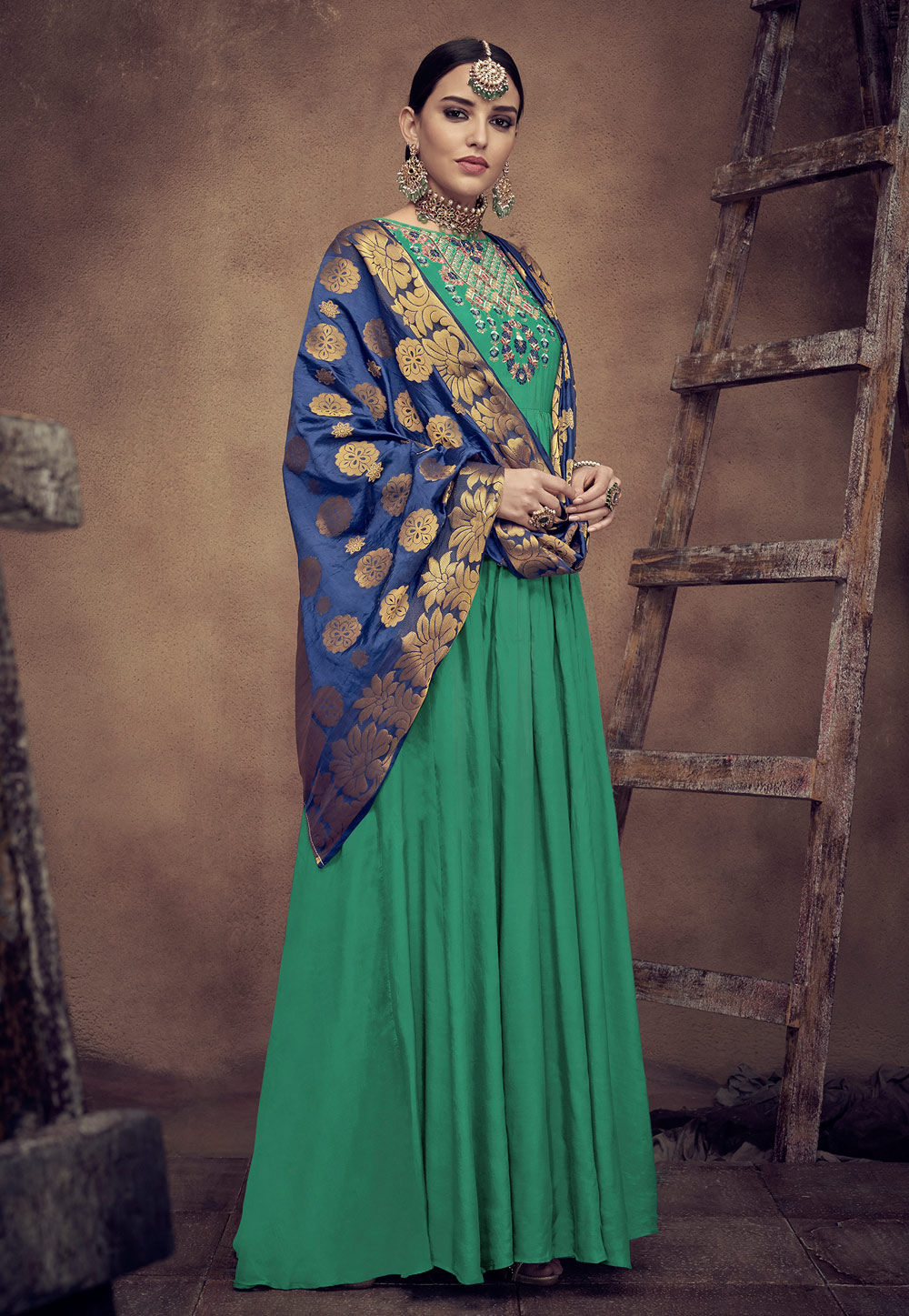 Green Rayon Readymade Long Anarkali Suit 163598