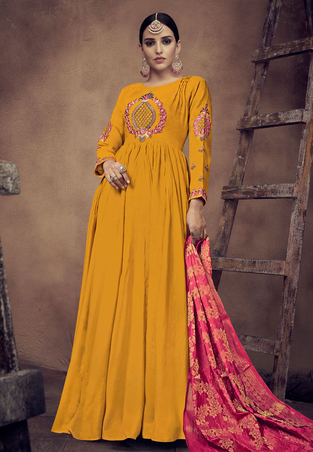 Yellow Rayon Readymade Ankle Length Anarkali Suit 163599