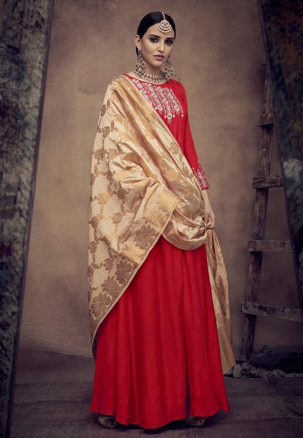 Red Rayon Readymade Abaya Style Anarkali Suit 163600
