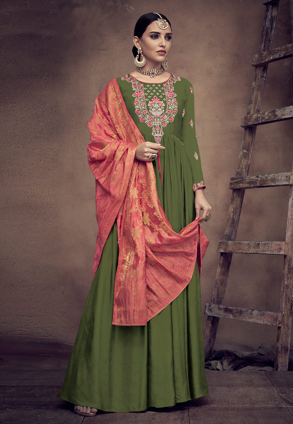 Green Rayon Readymade Long Anarkali Suit 163602