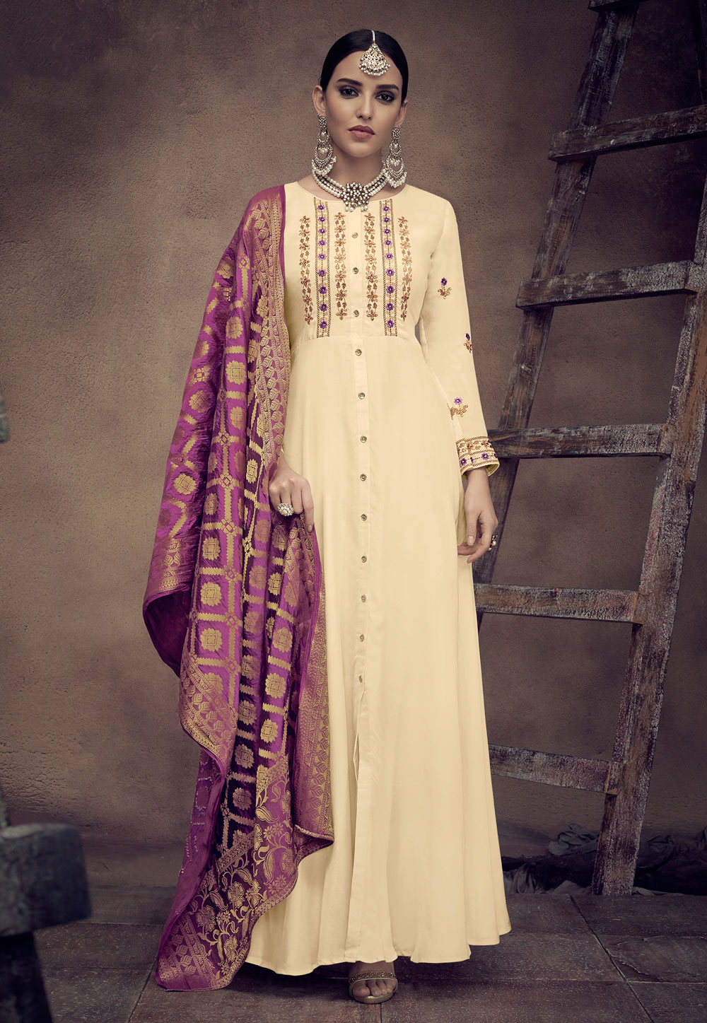 Cream Rayon Readymade Ankle Length Anarkali Suit 163603