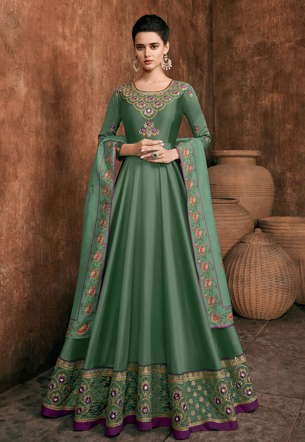 Olive Green Rayon Readymade Embroidered Floor Length Anarkali Suit 167743
