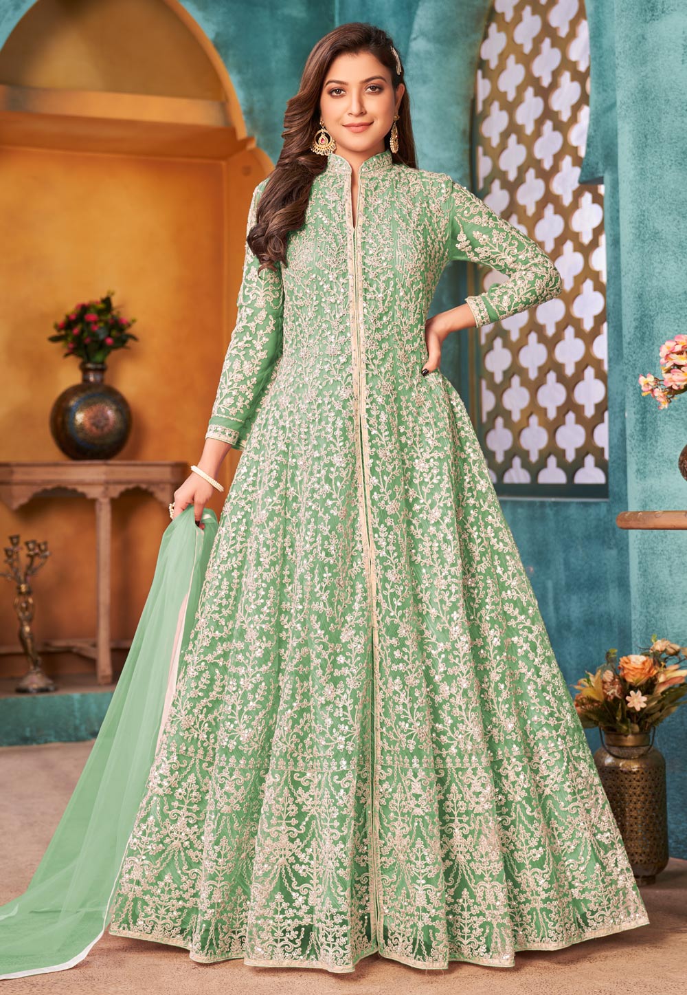 Sea Green Net Abaya Style Anarkali Suit 242990